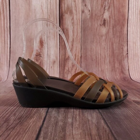Crocs Womens Size 6 Huarache Mini Wedge Bronze Espresso Open Toe Sandals Shoes - Picture 3 of 14